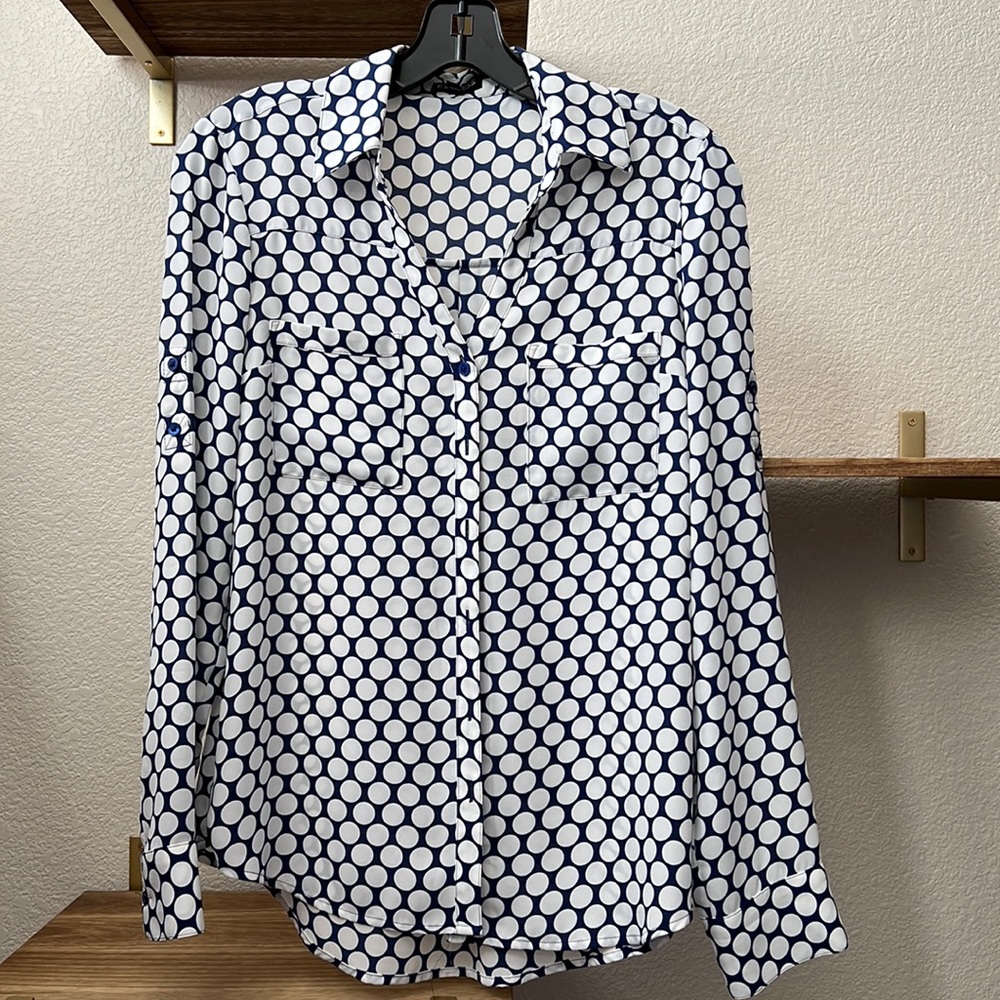 Express Portofino Small navy with white polka dots collared blouse